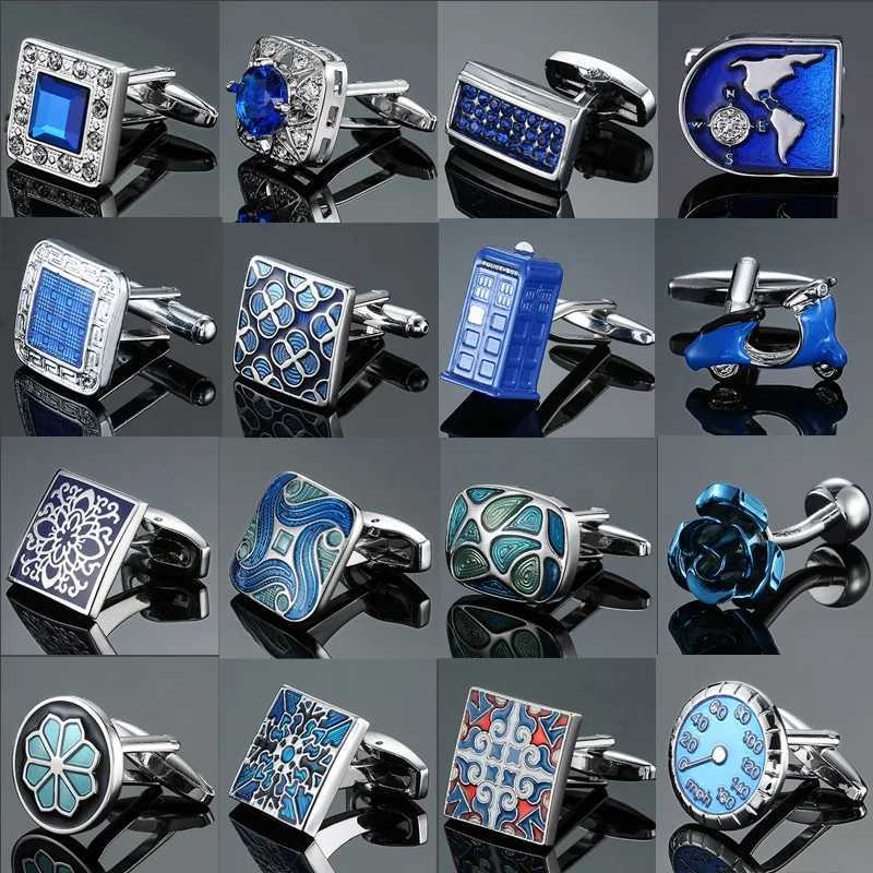 Mens French shirt cufflinks wholesale Blue enamel crystal cufflinks Mens retro pattern cufflinks Wedding jewelry buttons W241109