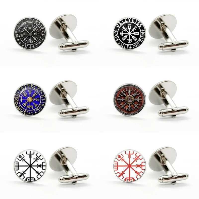 New Viking Compass Ancient Trinity Nordic Rune Odin Symbol Art Pattern Glass Gemstone Handmade Cufflinks Mens Shirt Cufflinks W241109