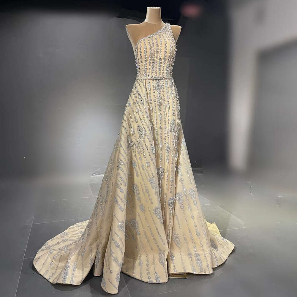 Nude Mermaid Customized Elegant Evening Dresses Gowns Beaded One Shoulder For Women Party LA