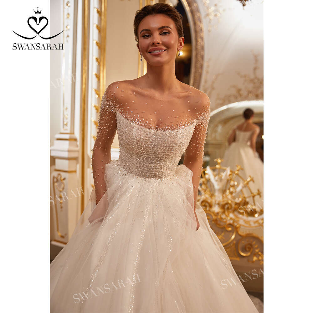 Robe britannique de mariage brillant 2024 manches longues A-E Princess Vestido de Novia Swansarah AS153 Plus de robes de mariée de taille plus