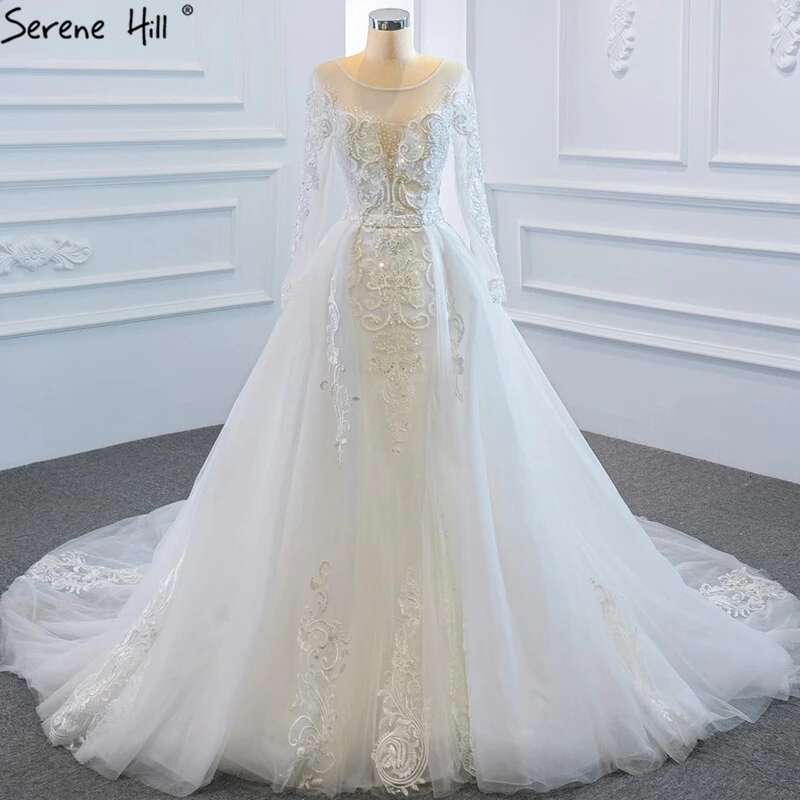 Detachable Train White High End Wedding Dresses Beading Long Sleeves O Neck Bride Gowns HM Custom Made