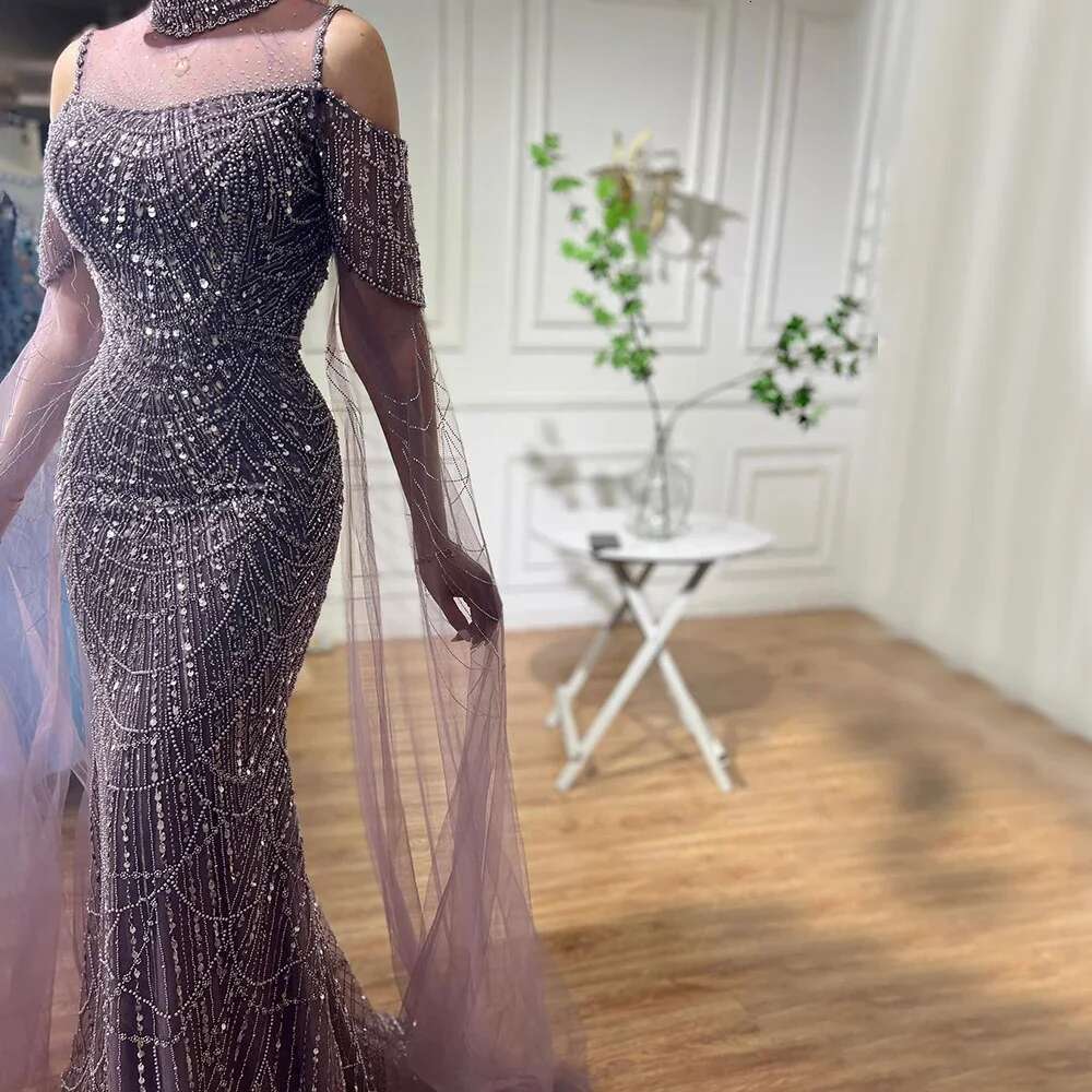 Serene Hill Arabic Purple Mermaid Cape Sleeves Beaded Long Evening Dresses Gowns For Party LA Customized