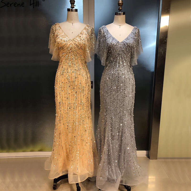 V-cou Dubai Dubai Gold Sexy Robes de soirée 2024 Per perles à manches courtes Robe formelle à paillettes la60933 personnalisée
