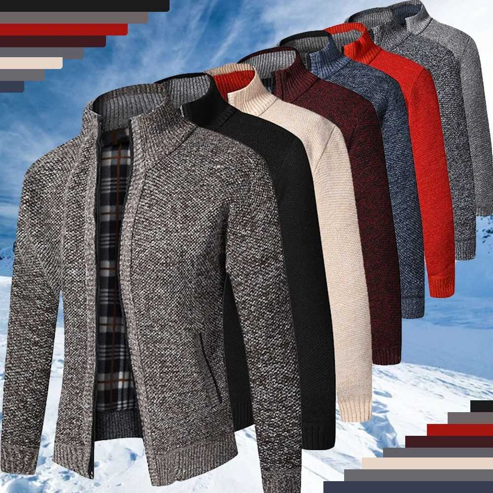 Winter Mens Casual Cardigan Mens Thick Warm Plus Fleece Knit Sweater Coat Fashion Men Stand Collar Jackets LX241109