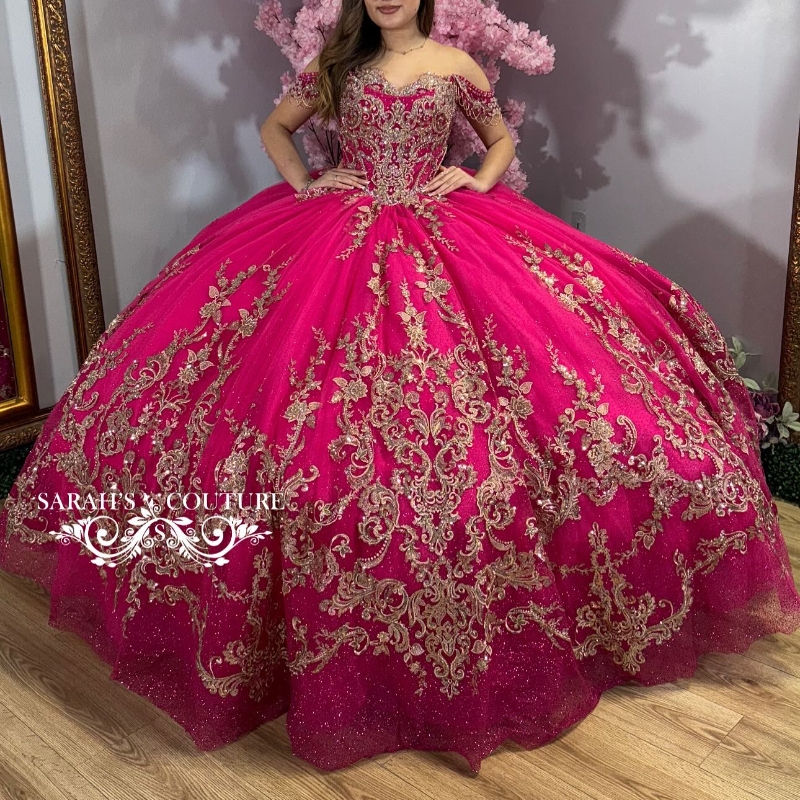 Rose rouge Quinceanera robes robe de bal hors épaule robe d'anniversaire or paillettes Appliques dentelle perles Tull robe quinceanera de 15 anos