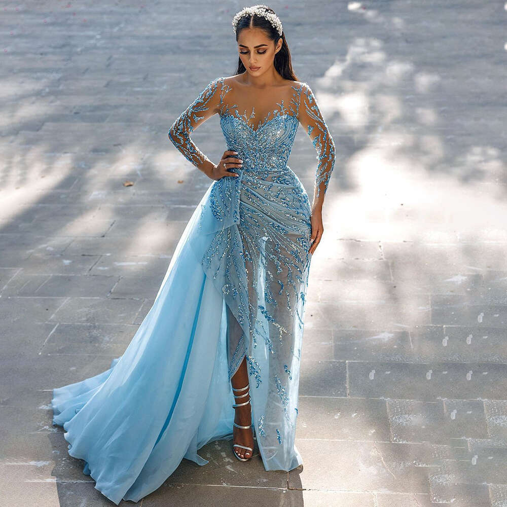 Colline bleue sereine sirène sexy high divisé élégant avec jupe en dentelle de soirée perle robes robes pour femmes fête 2024 la71781