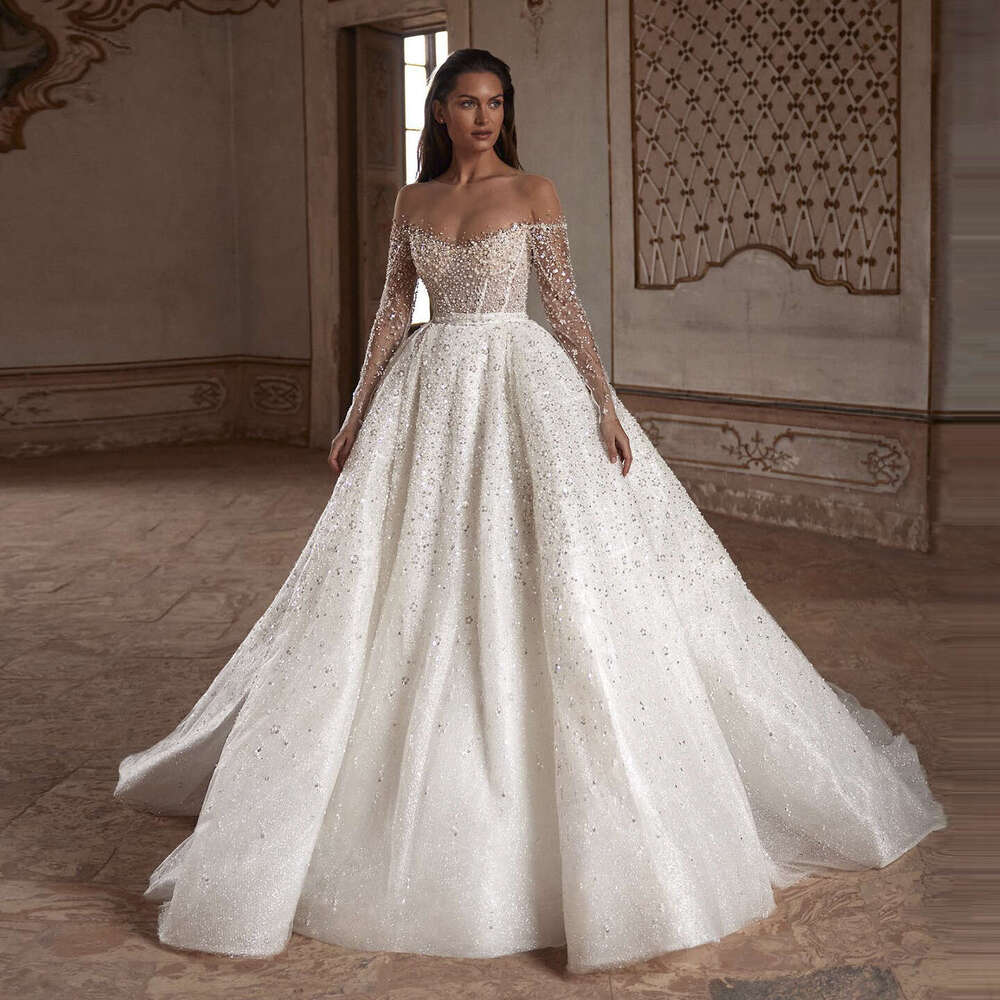 Said Off Sharon Shoulder Long Ball Gown Wedding Dresses 2023 Saudi Arabic Women Elegant Beaded Dubai Bridal Gowns Sw002 s