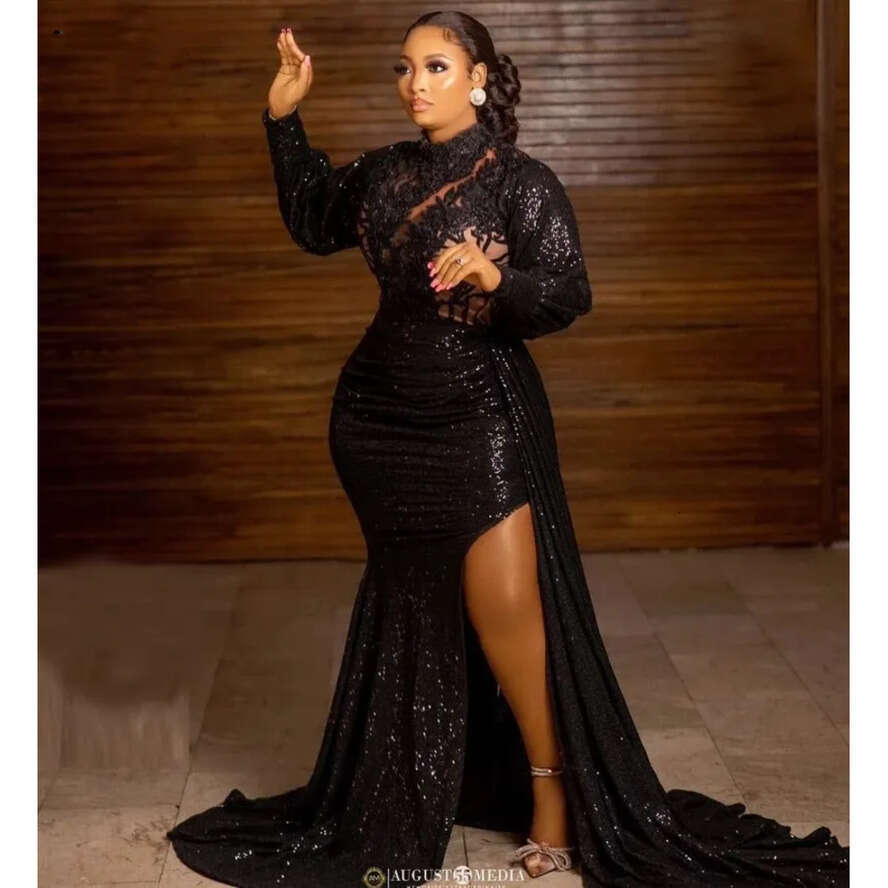 Elegant Black Sequins Prom Dresses For African Women High Neck Long Sleeve Applique Plus Size Formal Birthday Party Evening Gowns Abendkleider Ma
