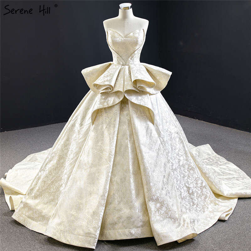 Glitter Light Champange Sexy Wedding Dresses Off Shoulder Ruffles Lace Up Bridal Gowns HM Custom Made