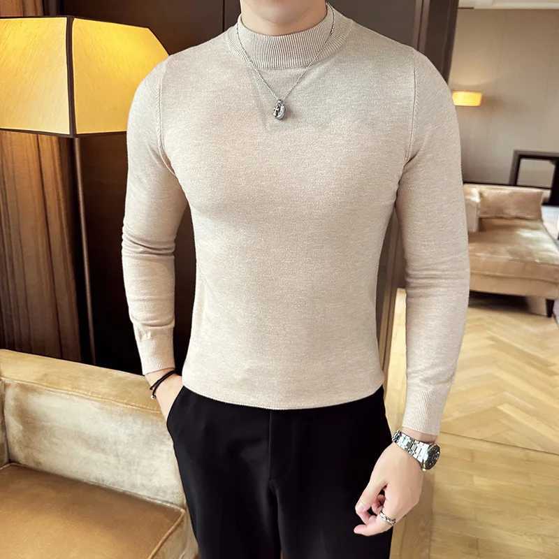 Autumn New Sweater Mens Half High Neck Basic Solid Color Casual Versatile Round Neck Knit with Slim Fit Elastic Sweater Inside LX241109