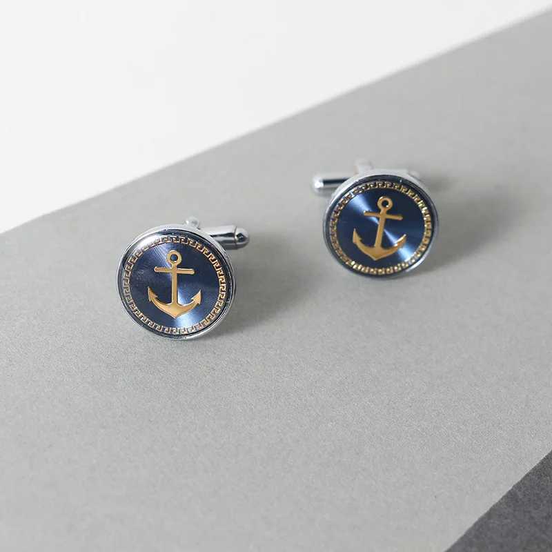 New Fashion Blue Navy Blue Anchor Badge Cufflinks Mens Shirt Checkered Button University Style Cufflinks Wholesale Mens Gifts W241109