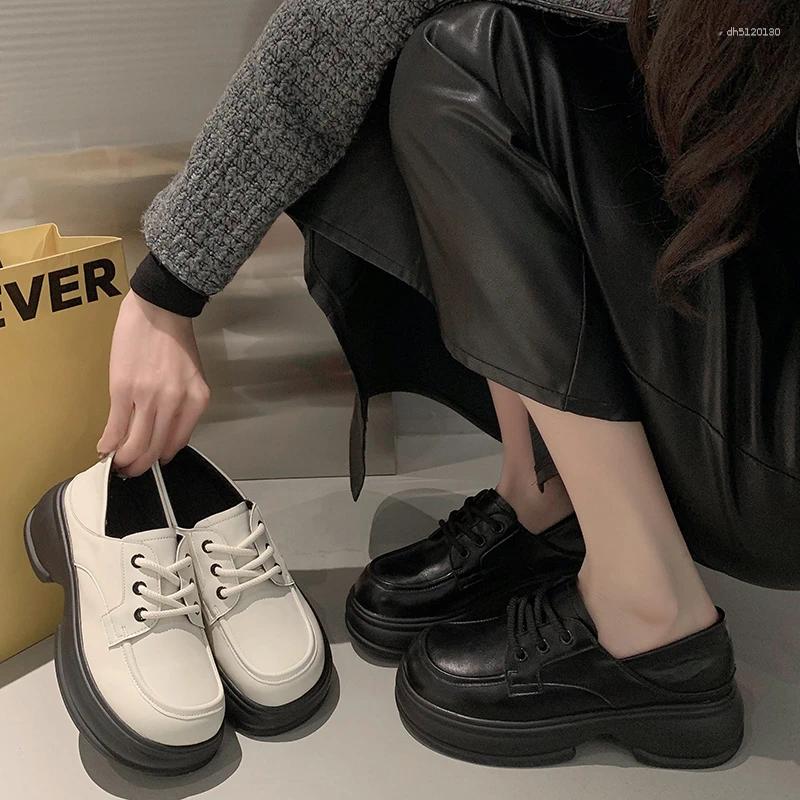 Casual Shoes Round Toe British Style Womens Derby White Sneakers Autumn Clogs Platform All-Match Female Footwear Preppy Leather Fall Cr