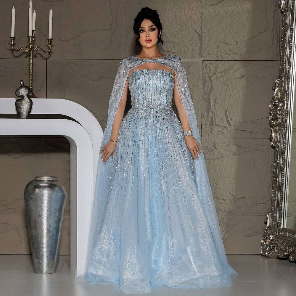 Arabe Serene Hill Blue Cape A e Robes de soirée perles longues robes de célébrités LA Vening personnalisée L