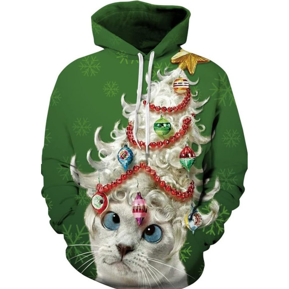 Hoodie for Mens Womens Unisex 3D Printed Christmas Sweatshirts Crew Neck Long Sleeve Loose Top Xmas Pullover Graphic Christmas Cat