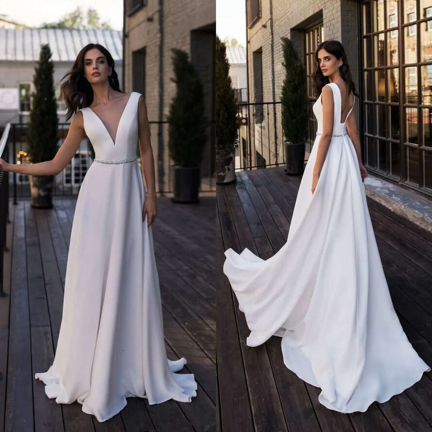 Simple Bohemian Country Dresses V Necke Satin Bridal Backless A E Beach Wedding Gowns