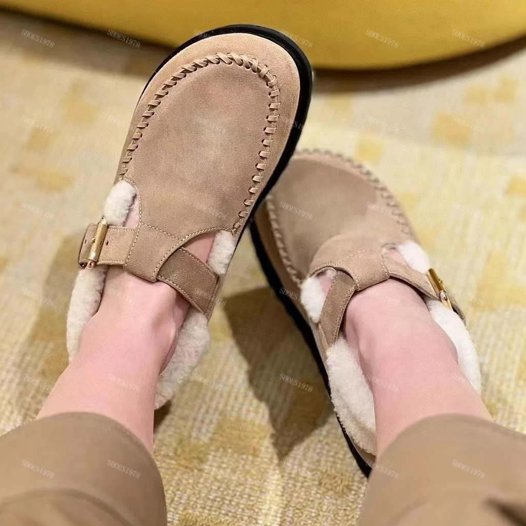 Designers Chaussures habillées pour femmes Top qualité Laine de vachette givrée Mocassins classiques boucle Talons plats EUR35-EUR41 Pantoufle ch