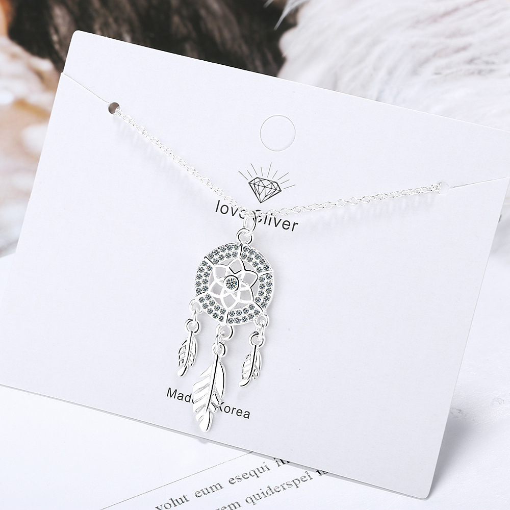 S925 Sterling Silver Dream Catcher Necklace For Women Simple Carved Zircon Clavicle Necklace