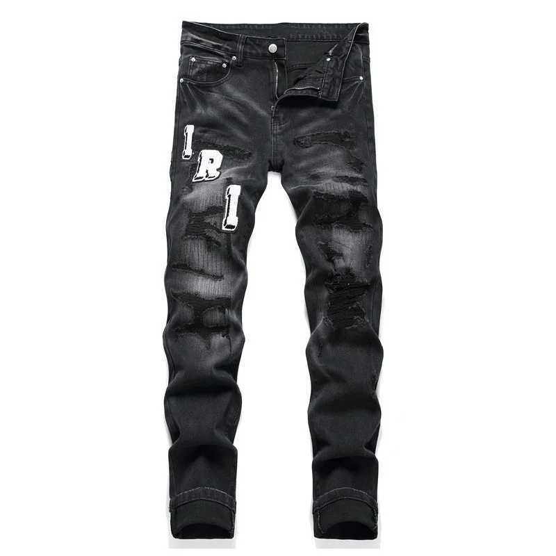 Men's Jeans Mens retro black jeans with torn holes stylish stretch slim fit fashionable pants versatile mens pants T241109