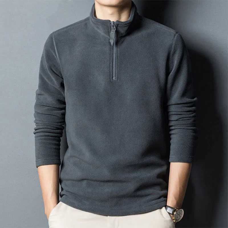 Autumn Winter Men Double-sided Fleece Business T-Shirt Zipper Stand Collar Pullover Fashion Casual Long Sleeve Solid Warm Tops LX241109
