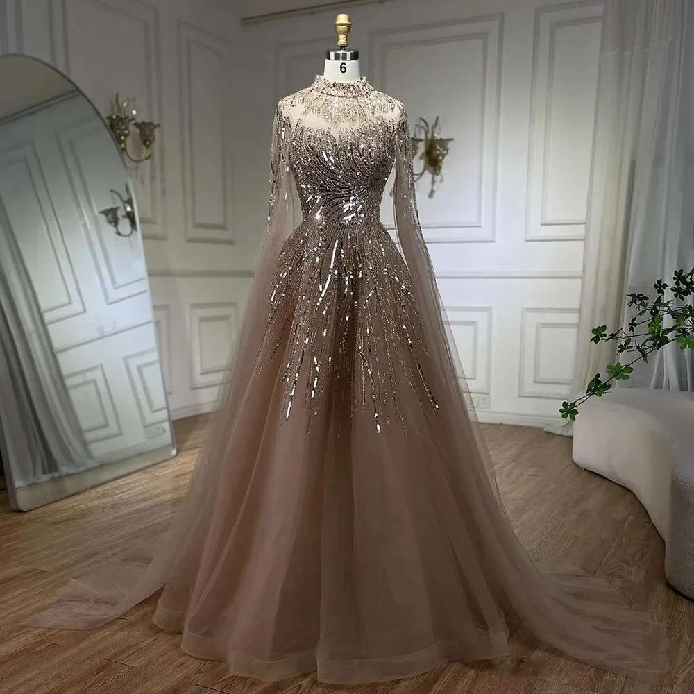 Hill Robes de soirée en caramel serein personnalisé avec manches de cape A-E Robe en dentelle perlée pour la fête 2024