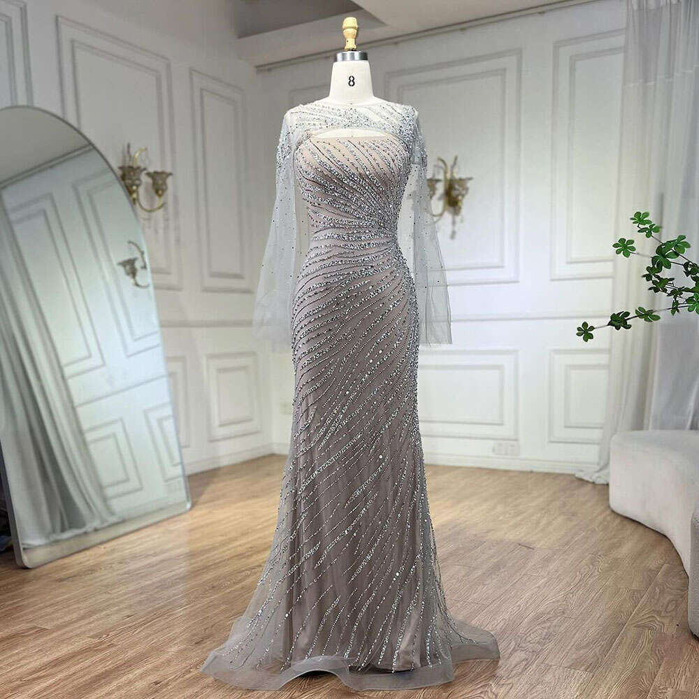 Hill Sliver Serene Nude avec manteau de soirée perlée robes robes sirène la personnalisée