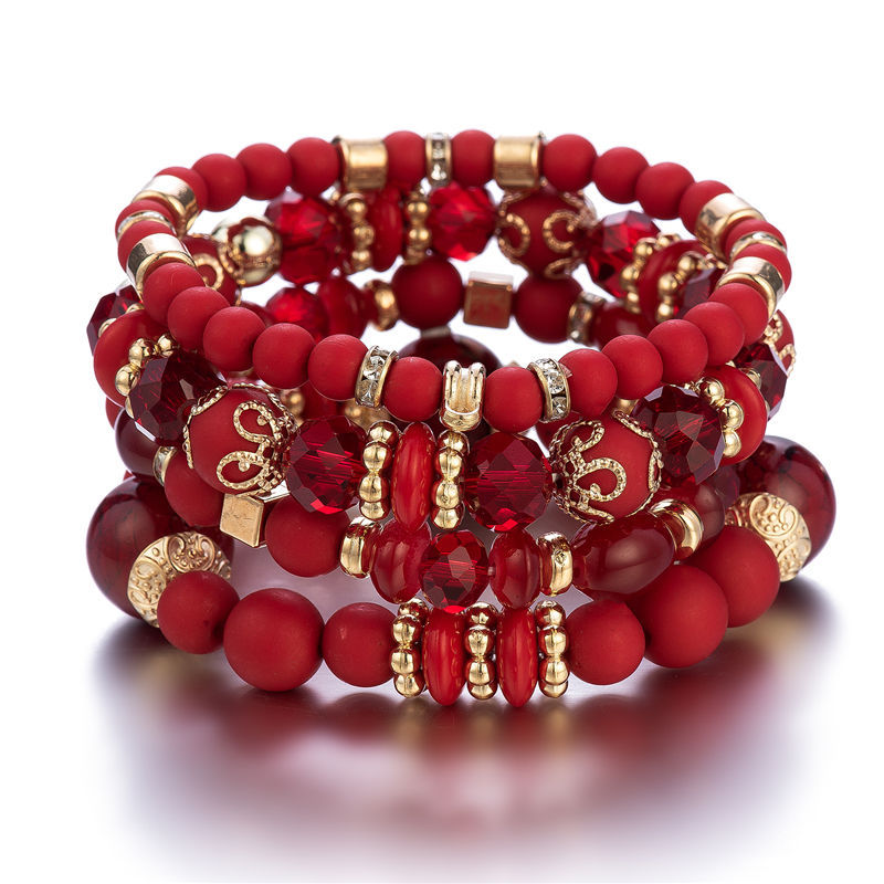 4Pcs Bohemia Acrylic Beaded Bracelet Set For Women Solid Heart Charm Elastic Chain Bangle Men Retro Daily Wear Jewelry Gift