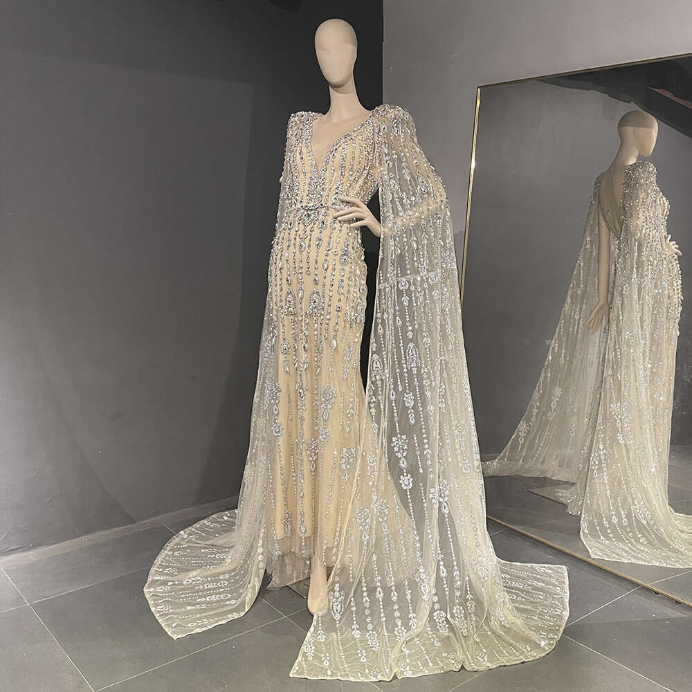 Sleeve Gold Cape Evening Dresses Gowns Beaded Mermaid Elegant For Women Party Customized Couture LA