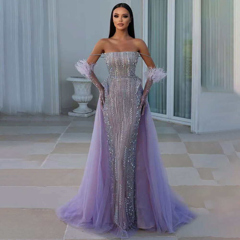 Hill lilas lilas seree sirène sans bretelles sur-bretelles Robes de soirée perles de plumes avec des gants robes 2024 fête la72029 personnalisée
