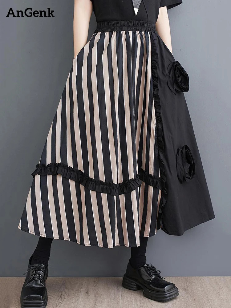 Striped Patchwork Floral Skirt Women Black Vintage High Waist Korean Fashion Loose Casual Long Skirts Clothes Summer 240403