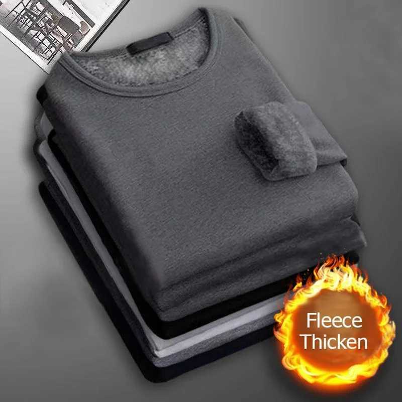 WE.FINE Hommes à manches longues hiver sous-vêtement thermique Plus velours rembourré T-shirt couleur unie col rond chemise vêtements d'hiver LX2