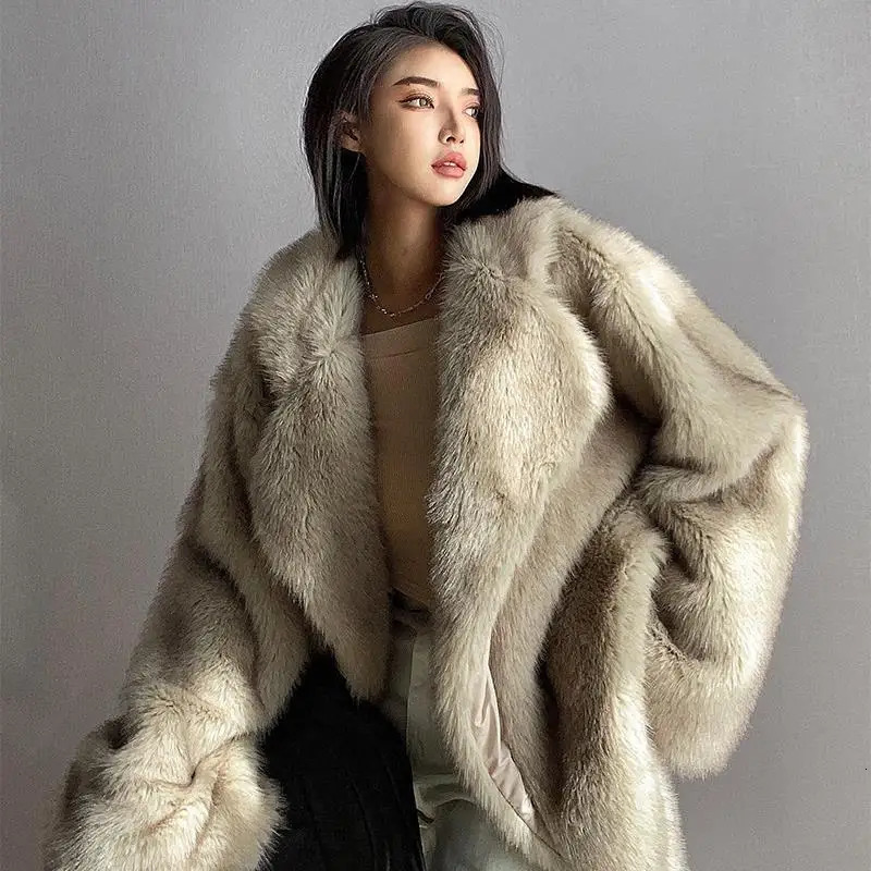 Artificial fox fur coat womens winter warm cardigan Lambswool medium long lapel loose plush coat oversized teddy jacket 241107