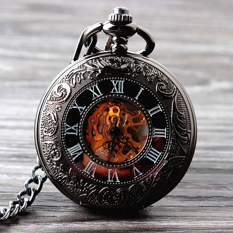 Retro style mechanical sleeve watch with Fob chain mens hollow skeleton dial black steel fashionable quartz sleeve watch gift 241108