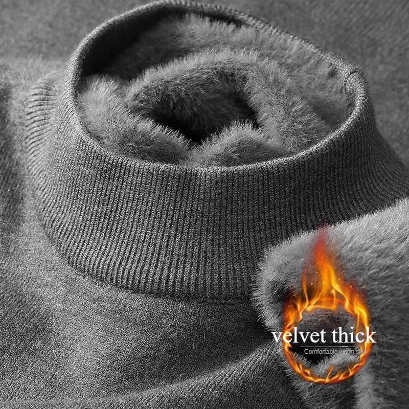 Winter Warm Knitted Sweater Plush Mens Turtleneck with Velvet Padded Warm Solid Pullovers Thick Bottom Casual O-Neck Sweater LX241109