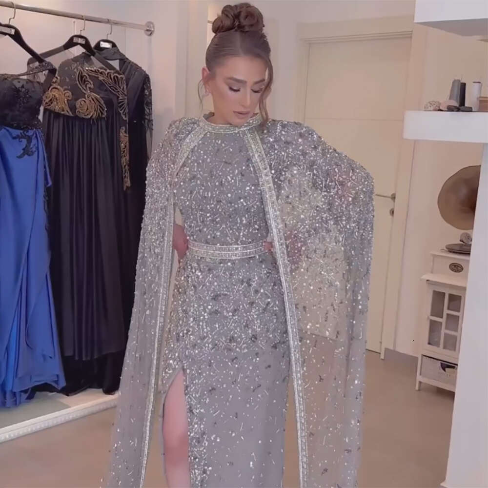 Grey personnalisé 2024 Robes de soirée perlées sirène arabe avec un cap long détachable pour Ocn LA72180 FORMAL