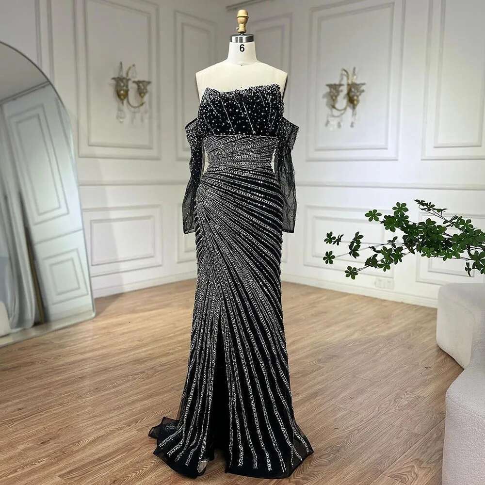 Élégant personnaliséarabia noir sans bretelles Sircure de soirée perles de soirée perles robes pour fête 2024 personnalisée