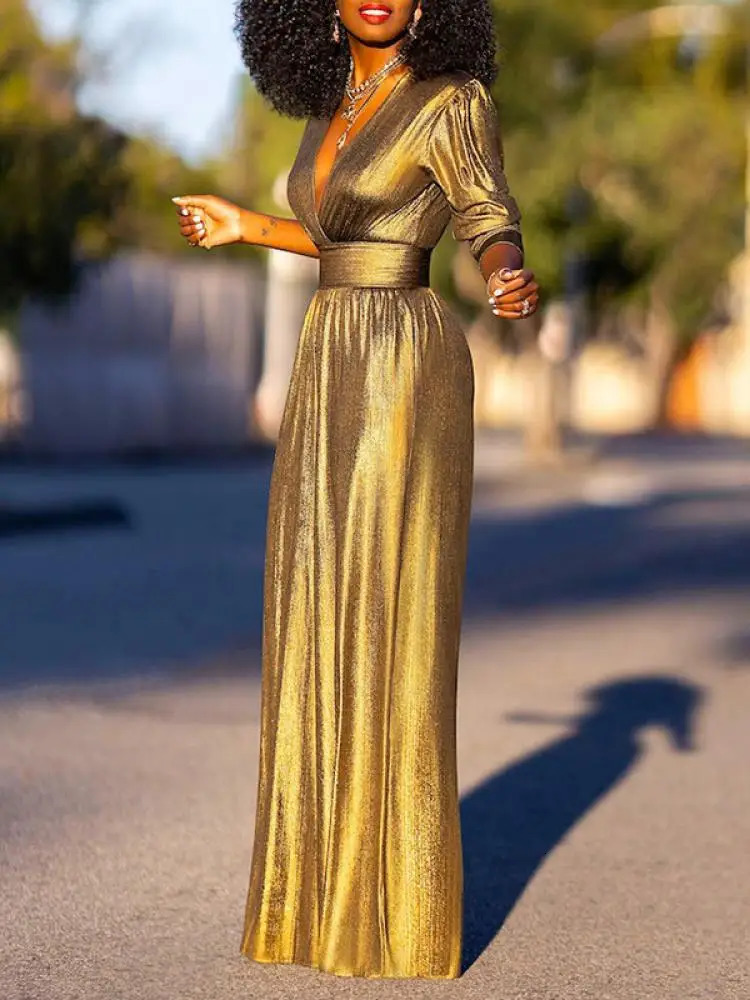 Freeacy Deep V neck Womens High Waist jumpsuit Summer Fashion Solid Color 1/3 Sleeve Wide Leg Top 241106