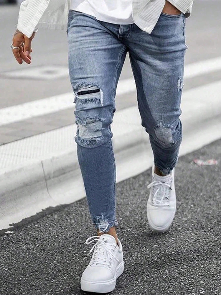 Mens Four Seasons Stoashed Tight Elastic Broken Hole Jeans Fashion Retro Vintage Versatile Foot Trousers Ninth 241107Z