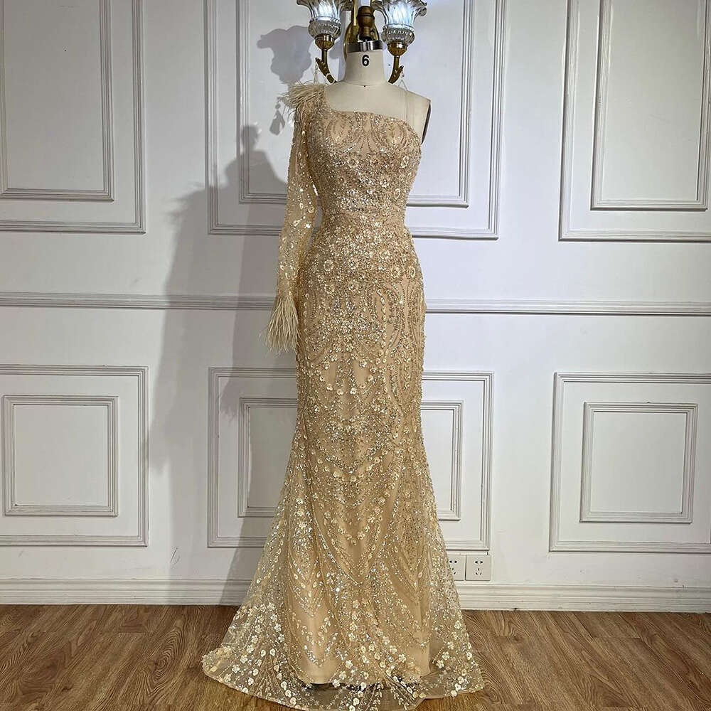 Hill Arabe Serene Nude One épaule Plumes de perles de Dubaï Robes de soirée pour la fête des femmes la a