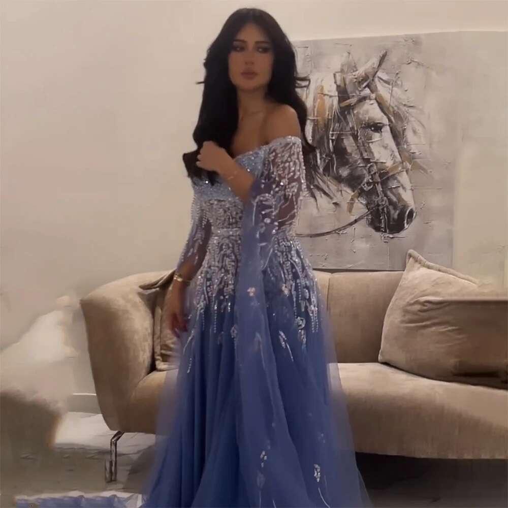 A-E OFF Persumedleblue épaule Cape Sleeves Robes de soirée perles Robes pour la fête arabe 2024 LA71836