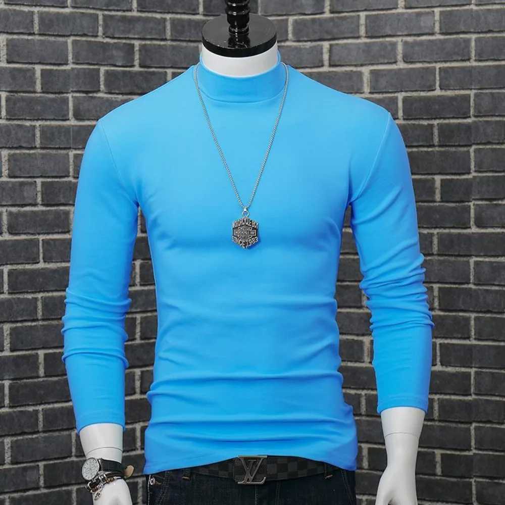 Fashion Mens Autumn Winter T-Shirt Casual Turtleneck High Collar Long Sleeves Solid Color Slim Top Clothes Outerwear Undershirt LX241109