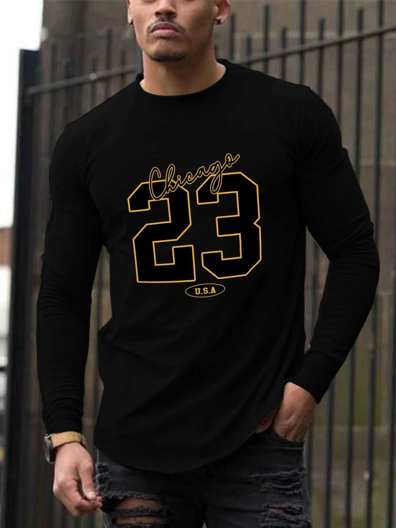 New long-sleeved T-shirt mens printed round neck long-sleeved T-shirt trend versatile casual tops mens clothing summer LX241109