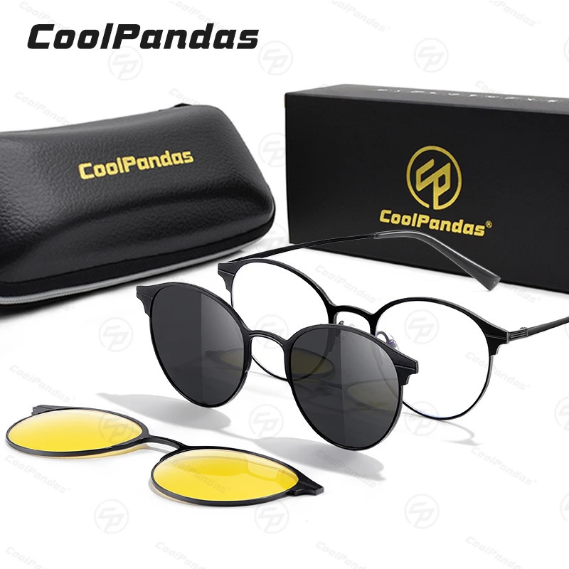 Fashionable circular metal frame magnetic clip on glasses 3-in-1 polarized sunglasses mens anti blue light glasses computer glasses 241108