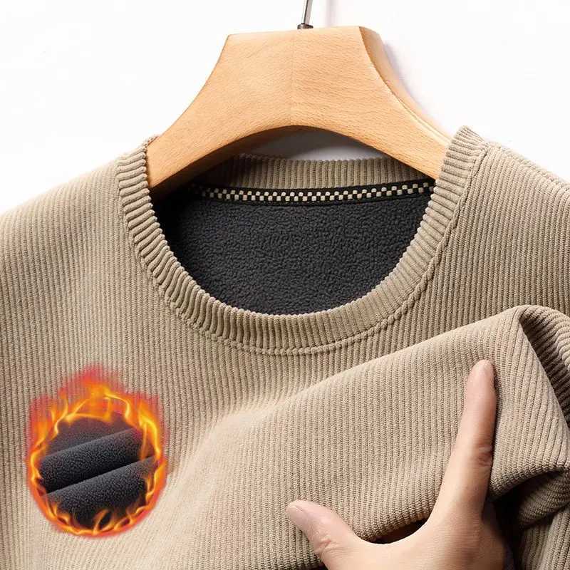 Mens Plush Thick Round Neck Thick Long Sleeved T-shirt Korean Sweater High-end Warm Bottom Shirt Solid Color Top LX241109