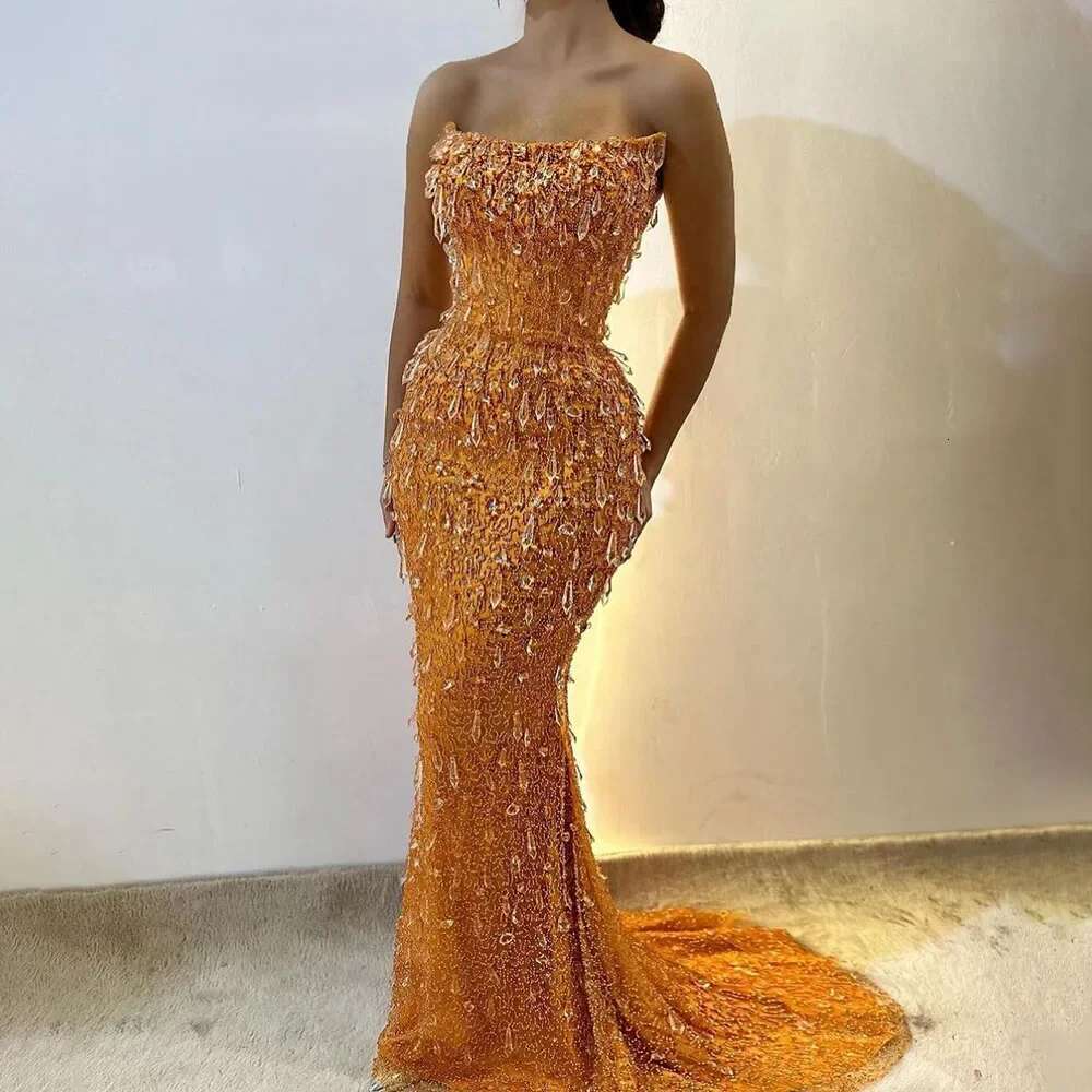 Orange sirène arabie sans bretelles robes de soirée perlées robes pour la fête 2024 personnalisée