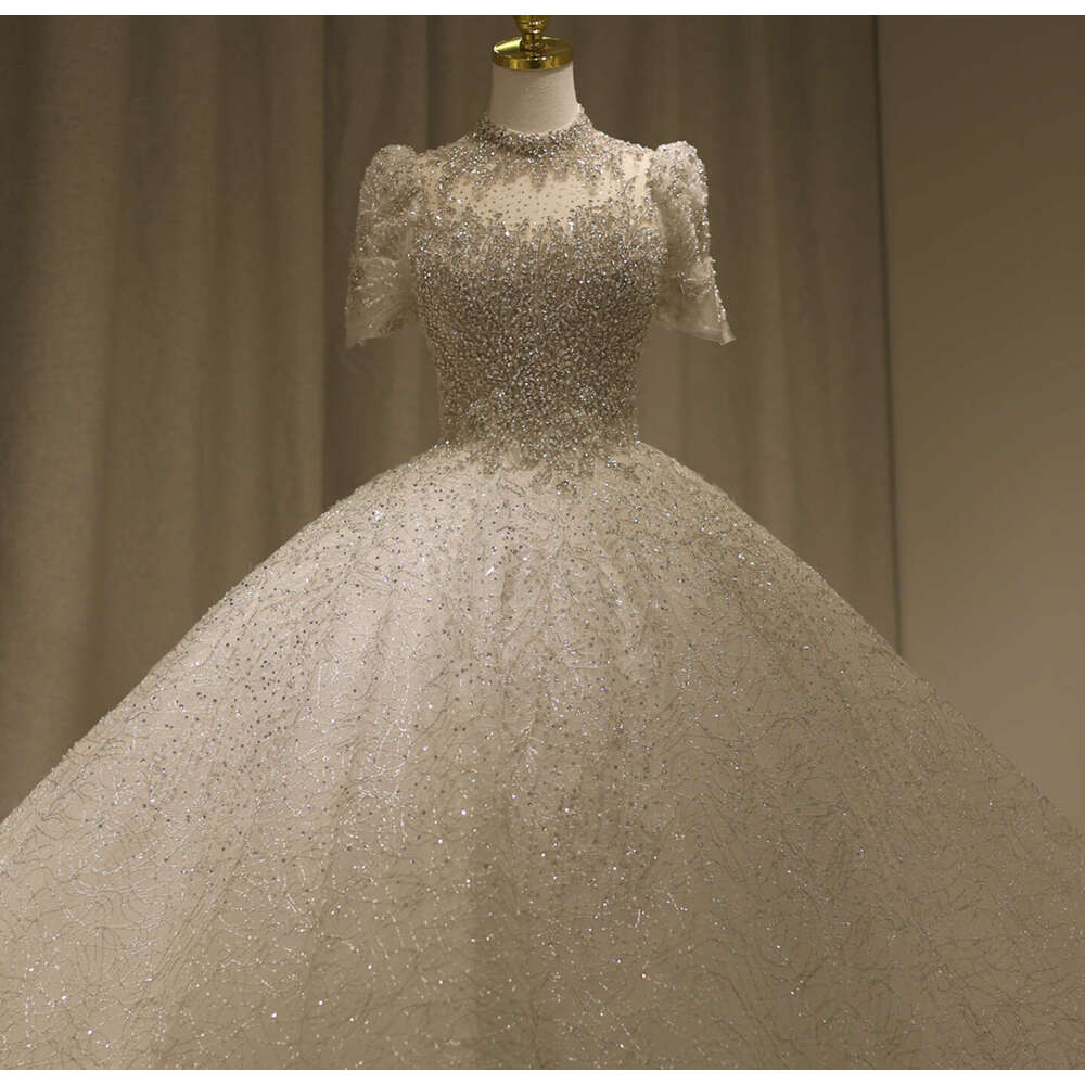 Said 100% Sharon Real Photos Crystal Ball Gown Dubai Wedding 2024 High Neck Short Sleeves Arabic Bride Dress Rs002