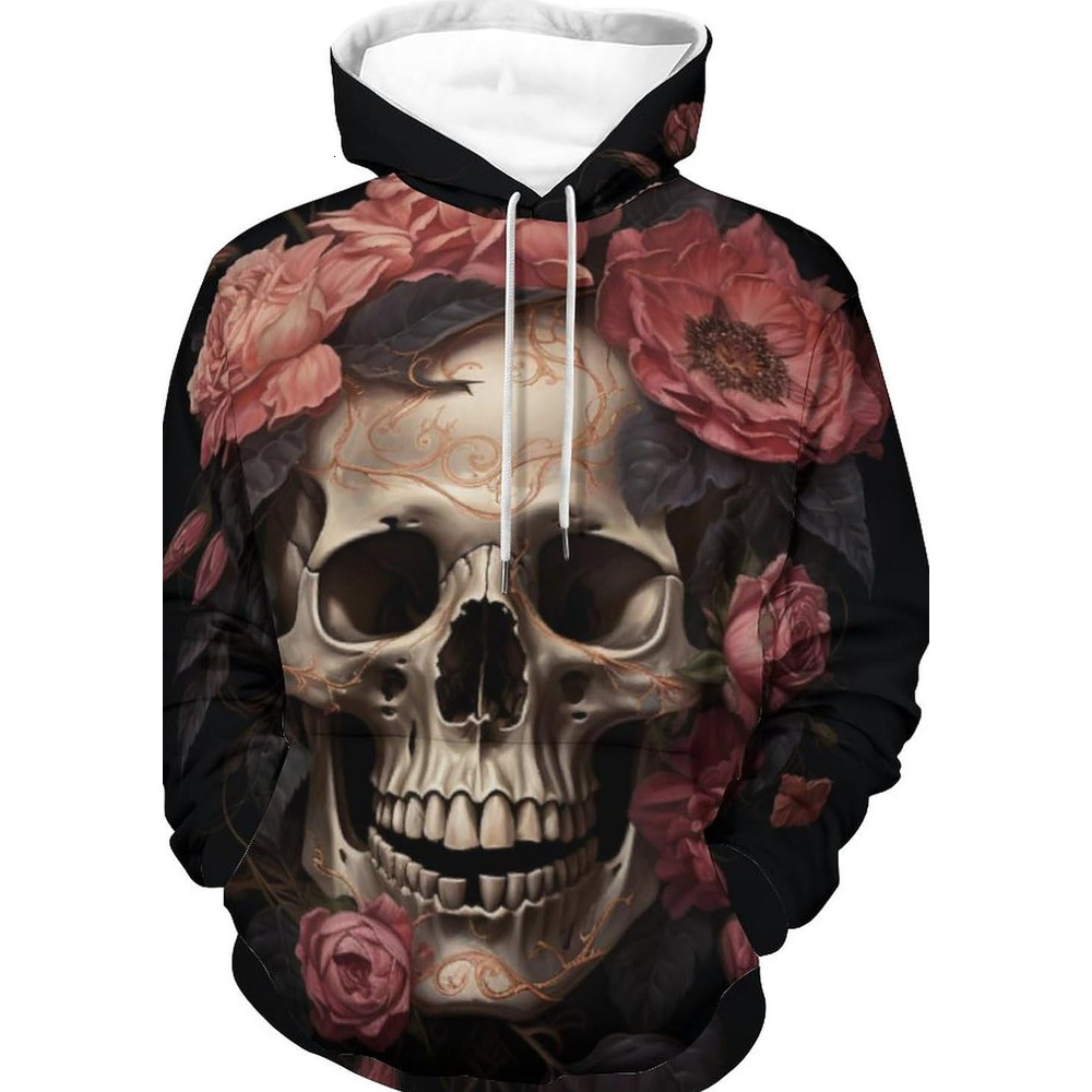 Hoodie for Mens Womens Skull with Rose Graphic Novelty Hoodies Casual Pullover for Men Women Graphic Hoodies sweatshirt Handsome and fashionable
