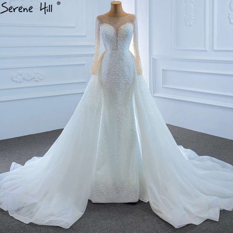 High White Mermaid End Wedding Dresses Dubai Pearls Beading Long Sleeves Bridal Gown HM Custom Made