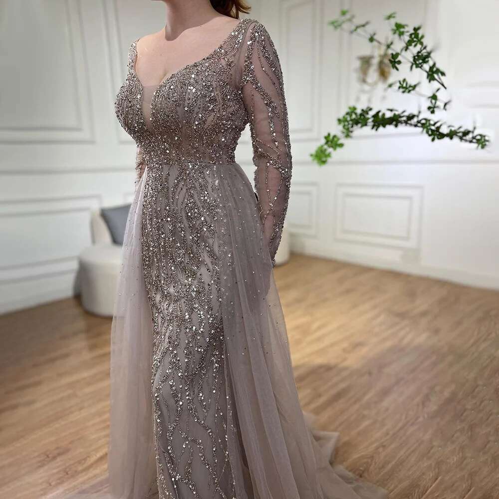 Caramel Mermaid Customizedarabic Elegant With Overskirt Evening Dresses Gowns Beaded For Women Party LA A