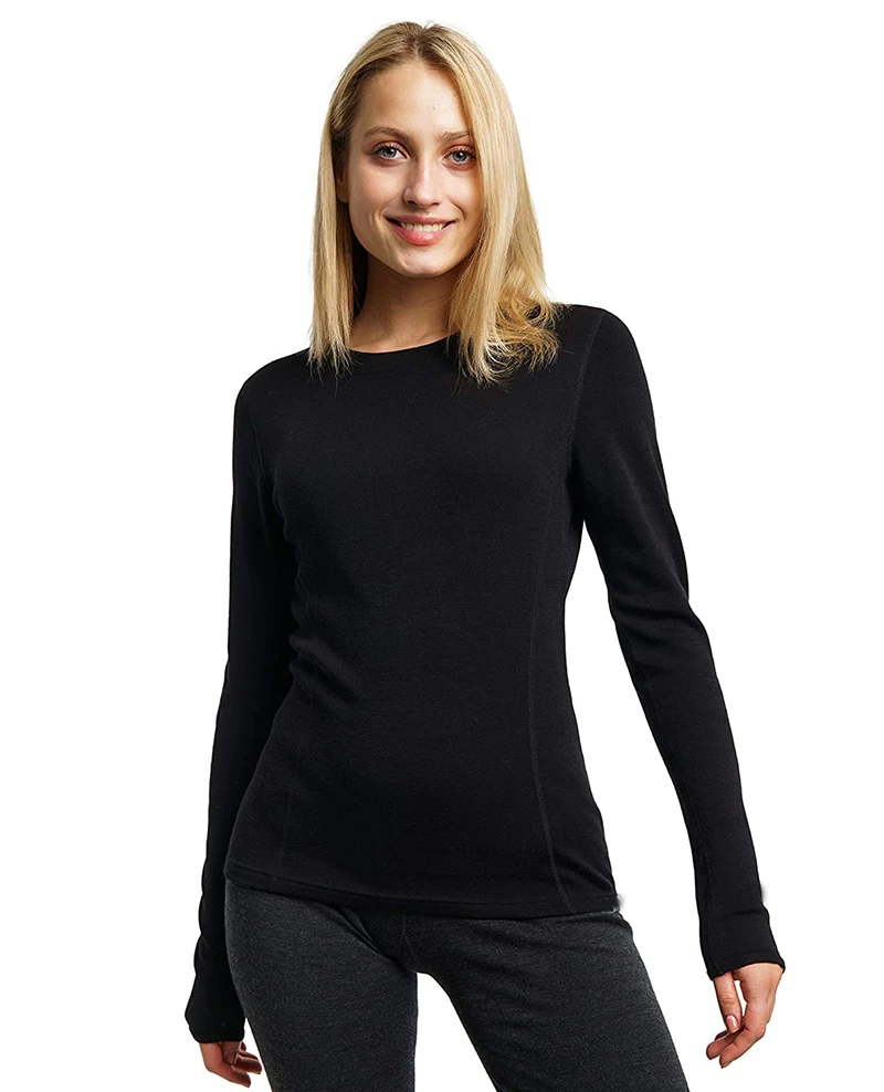 Women's 100% Merino Wool Base Layer Tops Merino Wool Thermal Underwear Long Sleeve Shirt Hiking Wicking Anti-Odor 170G/190G