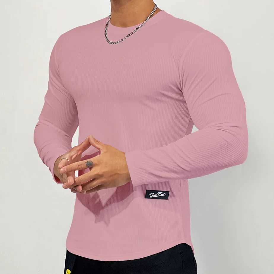 T-shirt décontracté d'automne hommes à manches longues chemise solide gym fitness bobuilding tees tops masculin mode mince rayures vêtements lx24